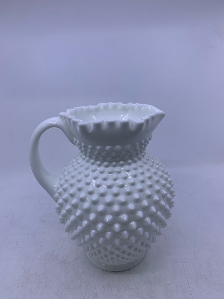 VTG MILK GLASS HOBNAIL CRIMPED EDGE PITCHER.