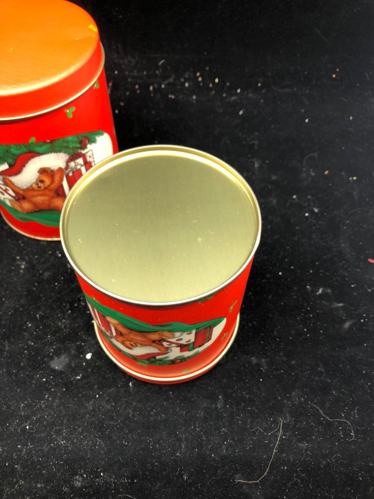 3 RED TIN NESTING TINS W TEDDY.