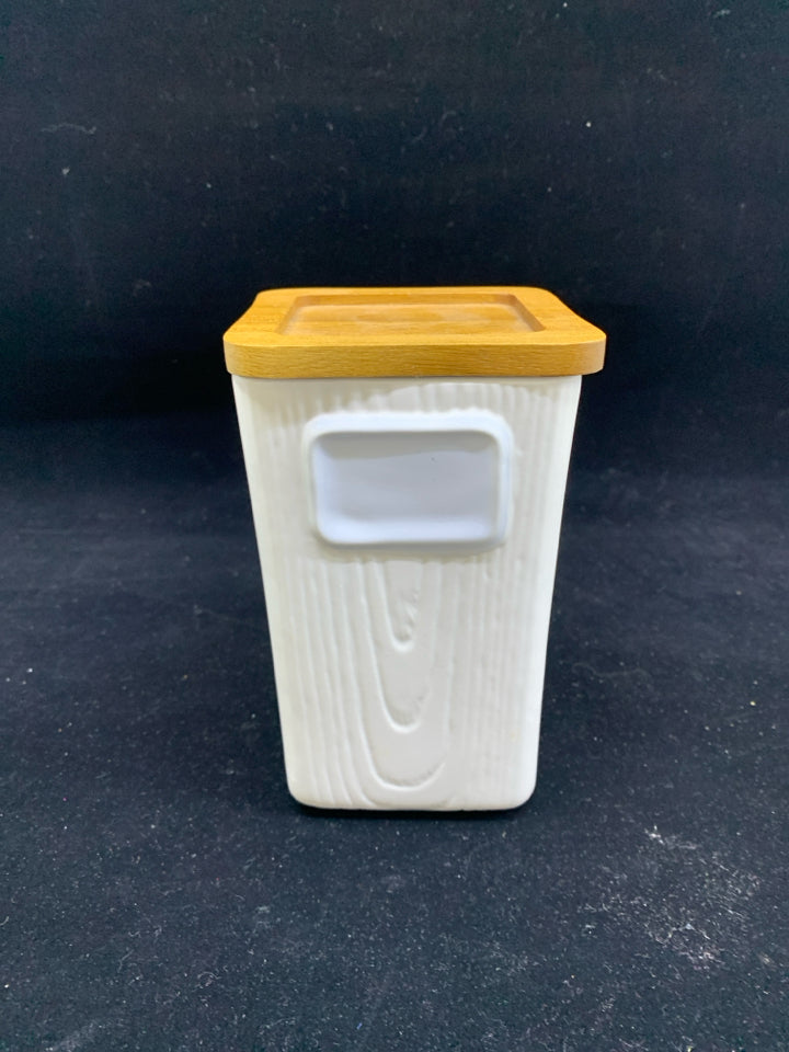 WHITE SQAURE CANISTER W WOOD TOP.