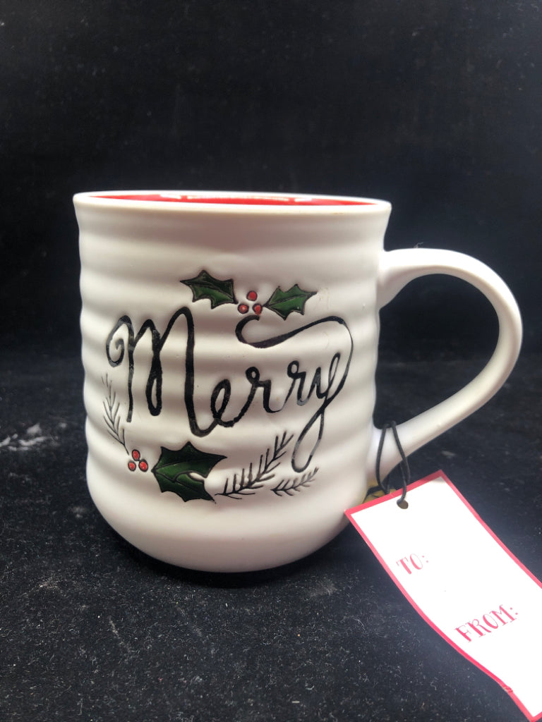 NEW RED AND WHITE RIBBED "MERRY" COFFEE MUG.