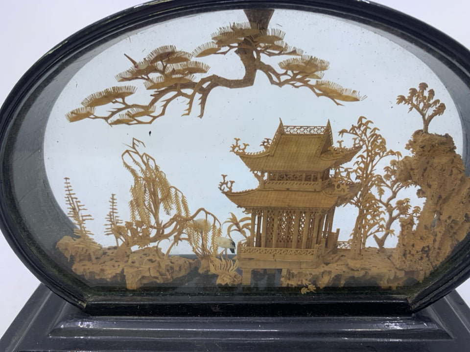 ASIAN STYLE 3D BAMBOO VILLAGE IN BLACK DISPLAY CASE.