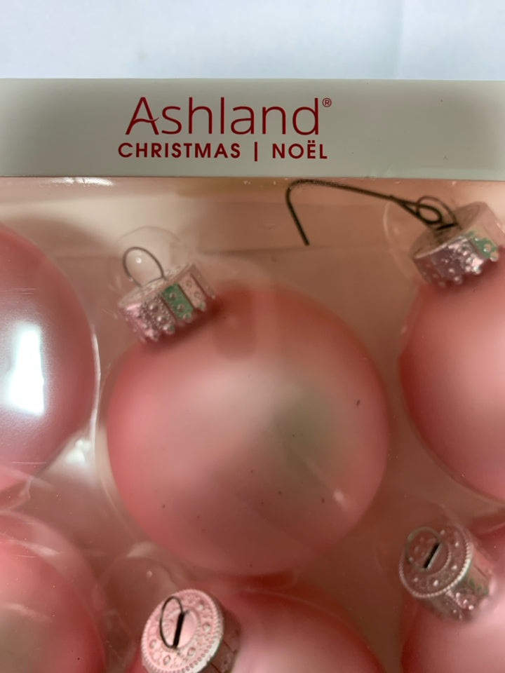 8 PINK BULB GLASS ORNAMENTS.