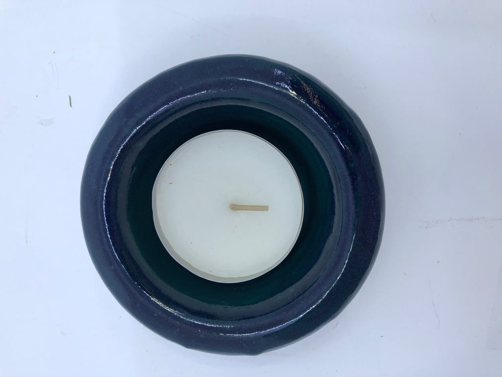 2-TONED POTTERY CANDLE HOLDER GREEN/BLUE.