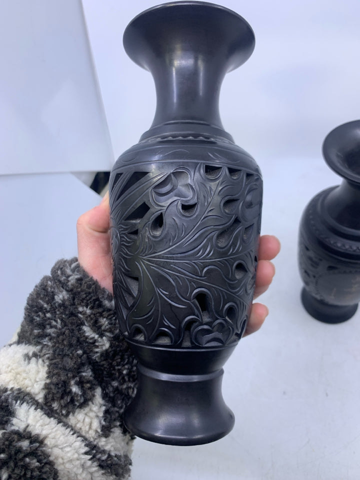 2 BLACK CHINESE CLAY PIERCED VASE W/ GOLD SCRIPT.