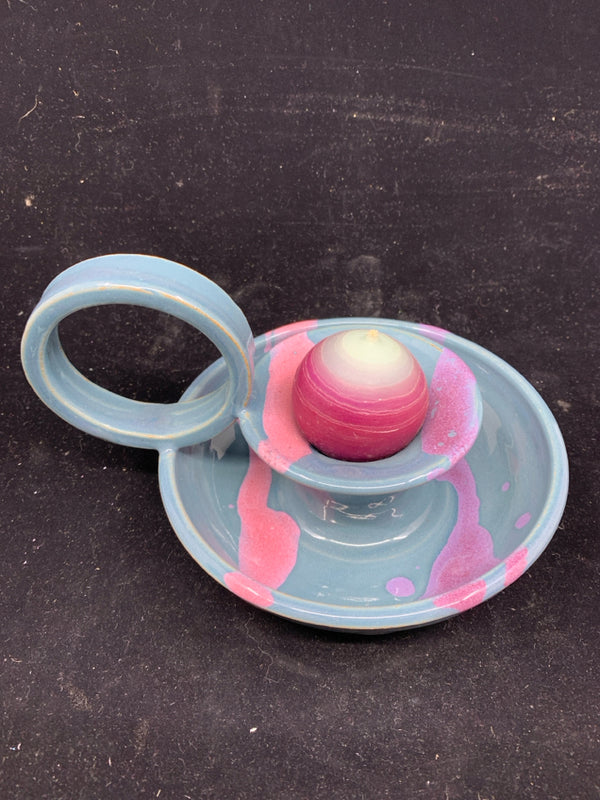 BLUE AND PINK CANDLE HOLDER.