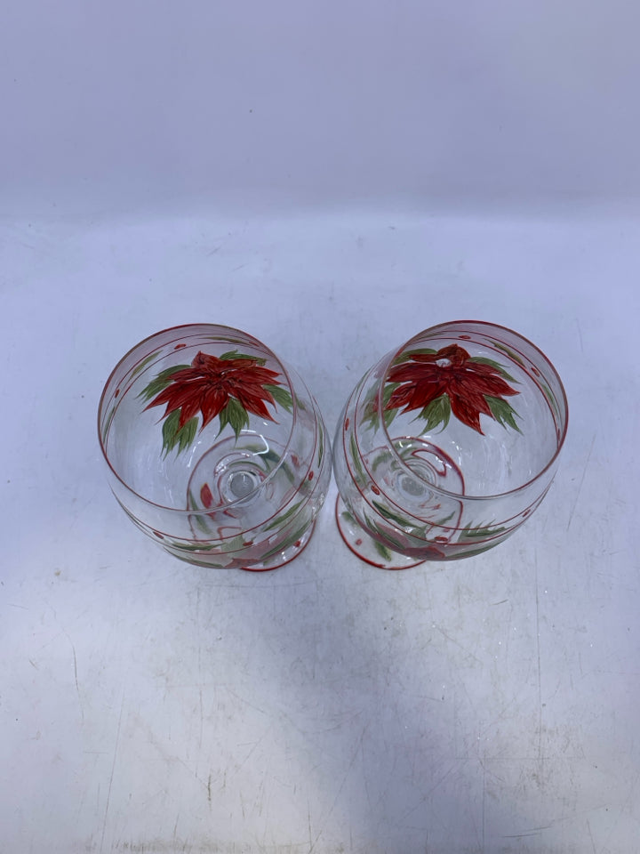 2 POINSETTIA PAINTED WINE GLASSES.