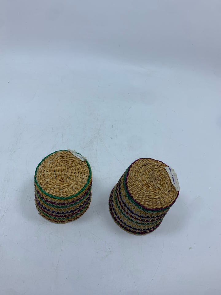 12 BASKET WEAVE RATTAN CUPS SLEEVES.