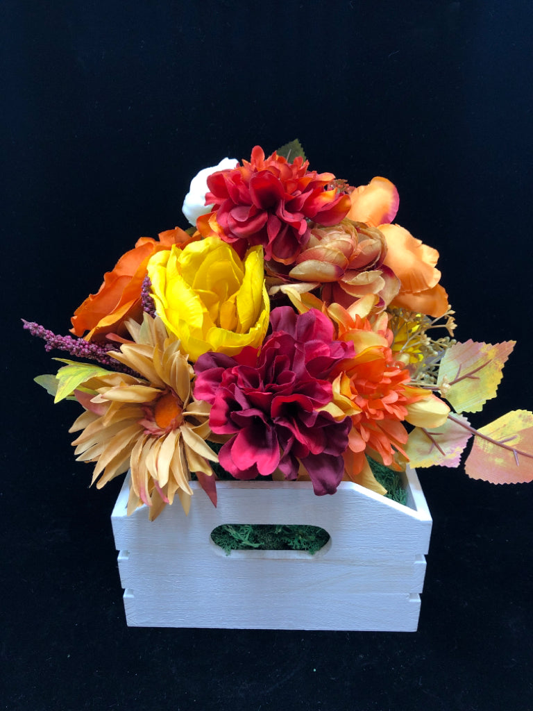 WHITE SLOTED PLANTER W/ FALL FLORAL ARRANGEMENT.