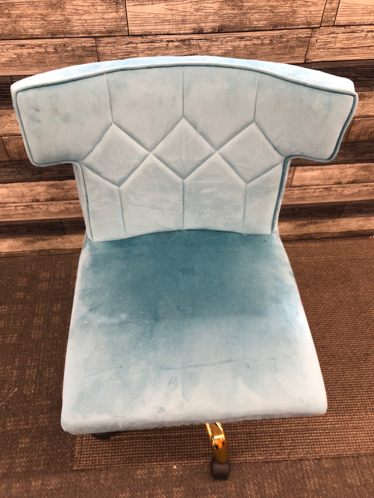 TEAL BLUE VELOUR OFFICE SWIVEL CHAIR W/ GOLD STUDS/LEGS.