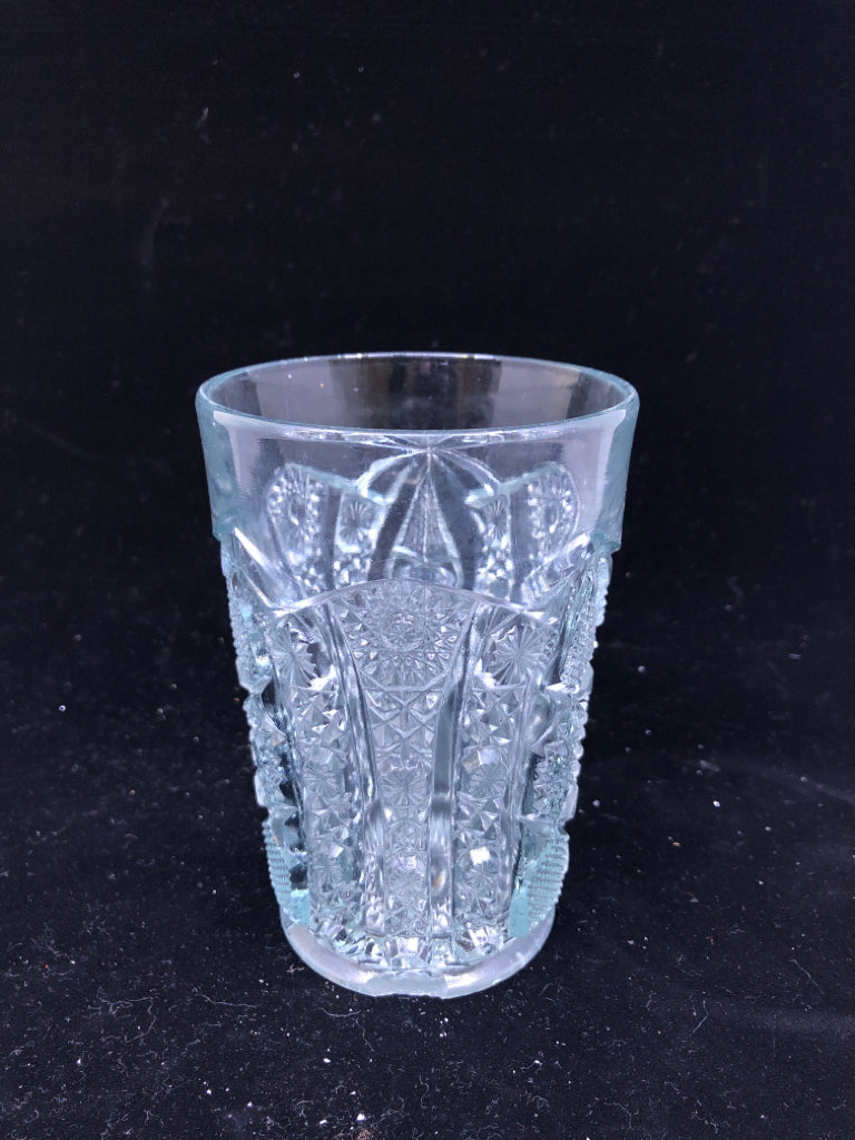 5pc LIGHT BLUE TINT HARD CUT GLASS PITCHER JUICE GLASSES SET.