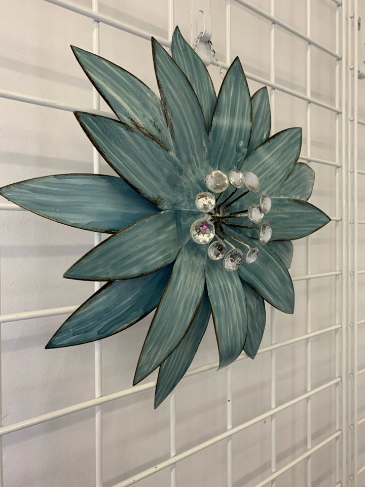 TEAL METAL FLORAL WALL ART.