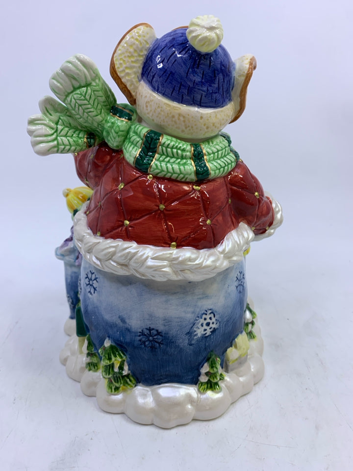 CERAMIC SNOWMAN W/2 SNOW CHILDREN COOKIE JAR.