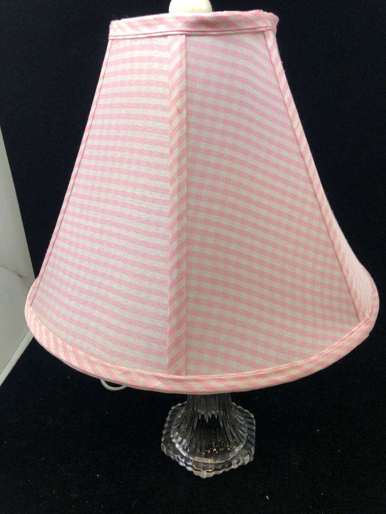 GLASS VASE W/ W/ PINK PLAID SHADE.