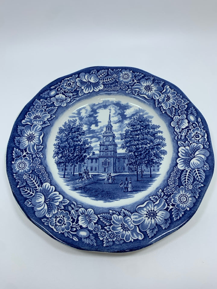 4 VTG LIBERTY BLUE HISTORIC COLONIAL SCENE DINNER PLATES.