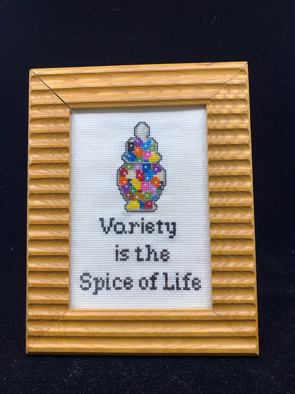 "VARIETY IS THE SPICE OF LIFE" FRAMED CROSS STITCH.
