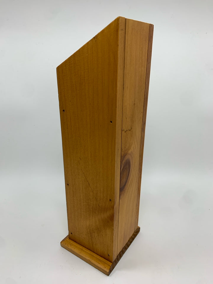 WOODEN VASE W/PAINTED FLOWER DESIGN.