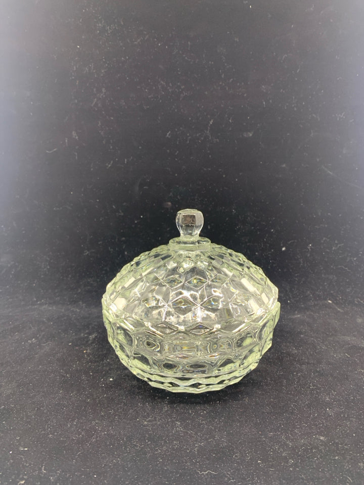 SMALL GLASS CANDY DISH W/ PATTERNS.