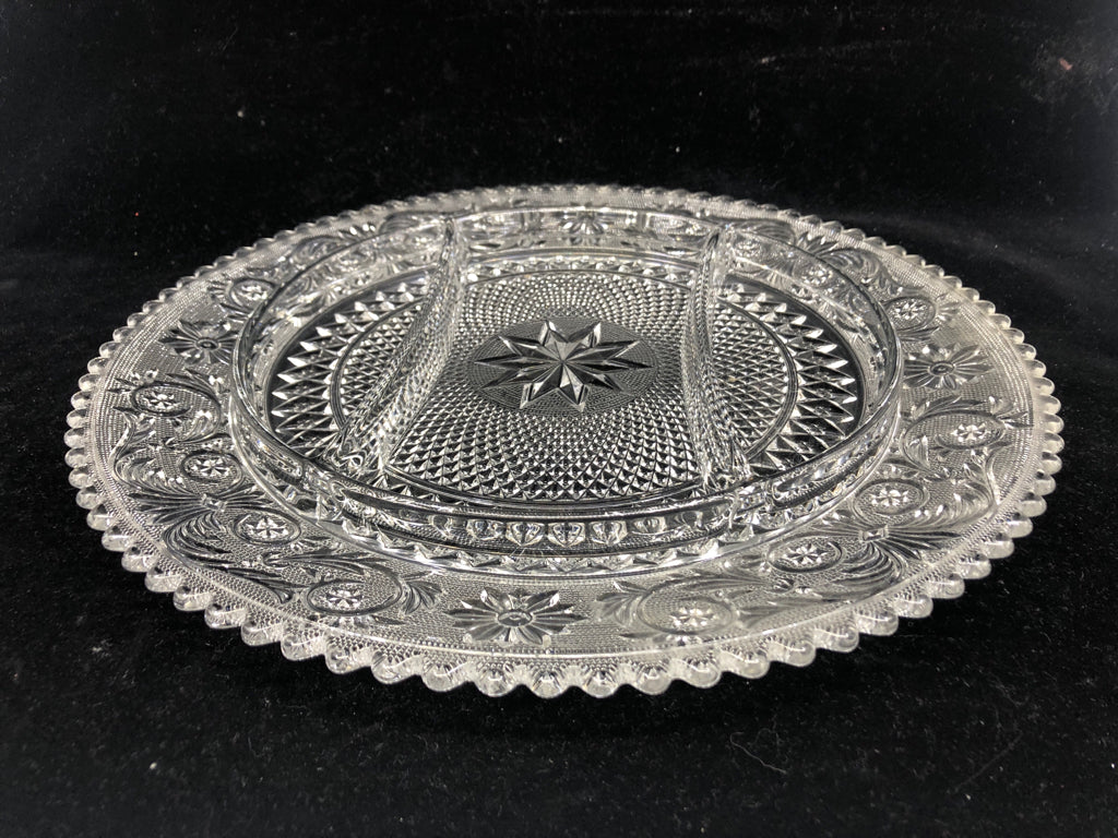 HEAVY DIVIDED CUT GLASS PLATTER W SAWTOOTH EDGE.