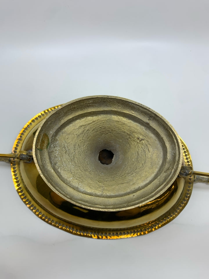 BRASS PEDESTAL CENTERPIECE BOWL W/KOY FISH HANDLES.