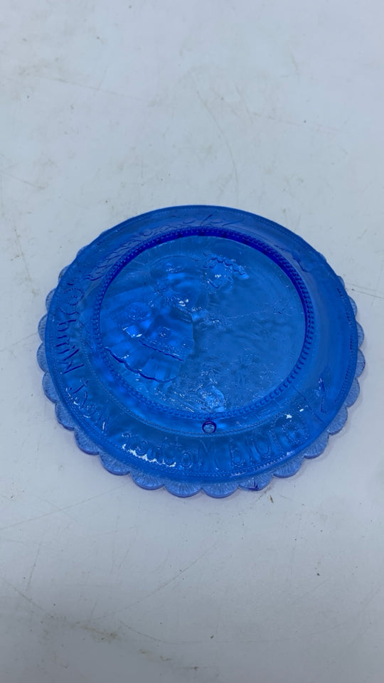 VTG BLUE GLASS CUP PLATE "OLD MOTHER WEST WIND".