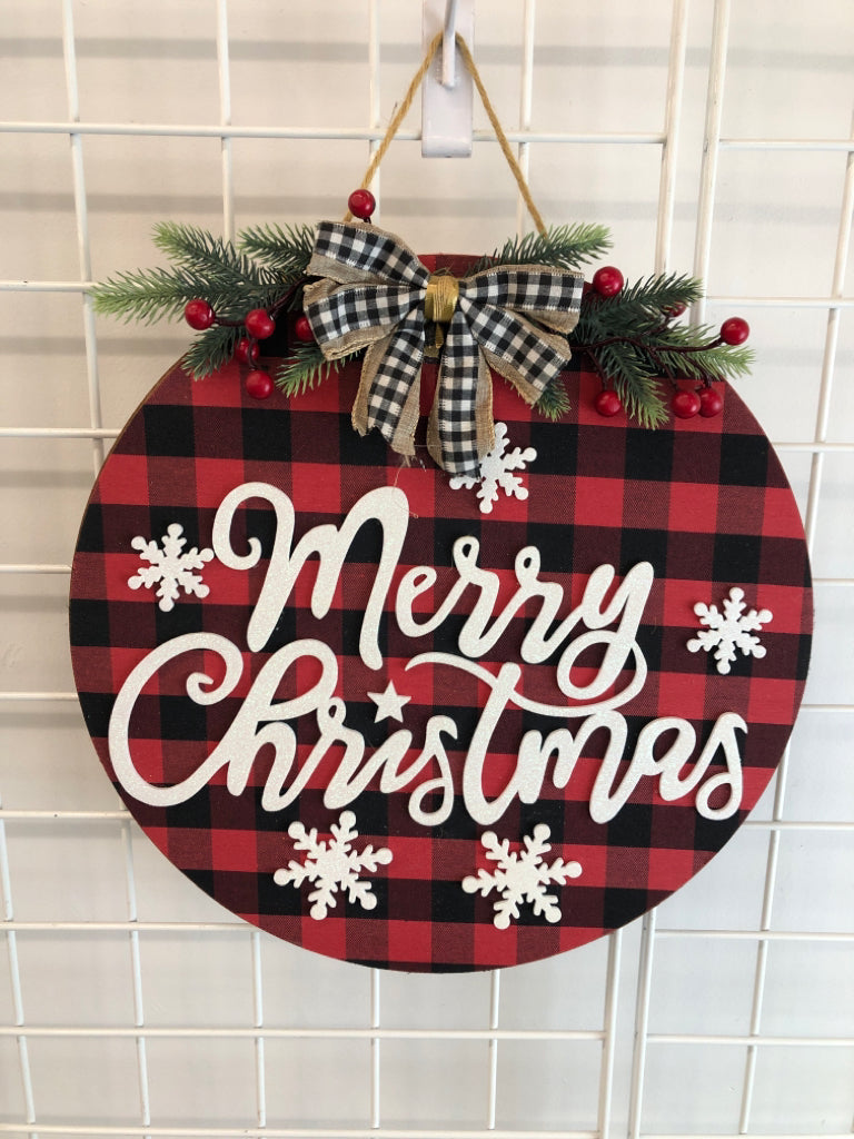 RED PLAID CIRCLE MERRY CHRISTMAS SIGN.