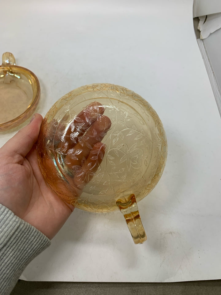 2 VTG SHALLOW PEACH IRIDESCENT GLASS BOWLS W/ HANDLES EMBOSSED LEAVES.