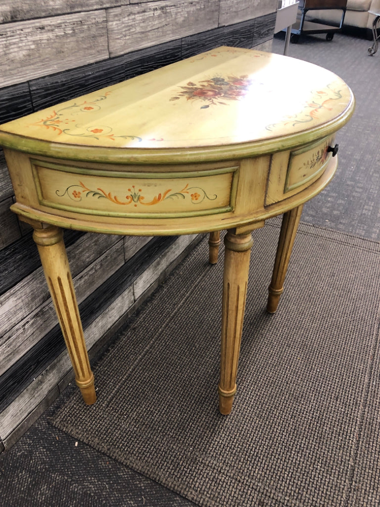 VTG CREAM PAINTED HALF MOON TABLE W FLORAL.