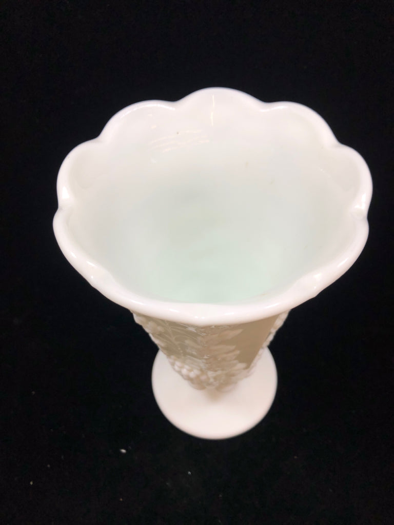 VTG GRAPES EMBOSSED MILK GLASS FOOTED VASE.