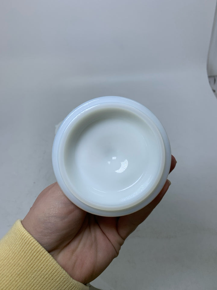 FOOTED EMBOSSED GRAPES MILK GLASS COVERED JAR LACE EDGE.
