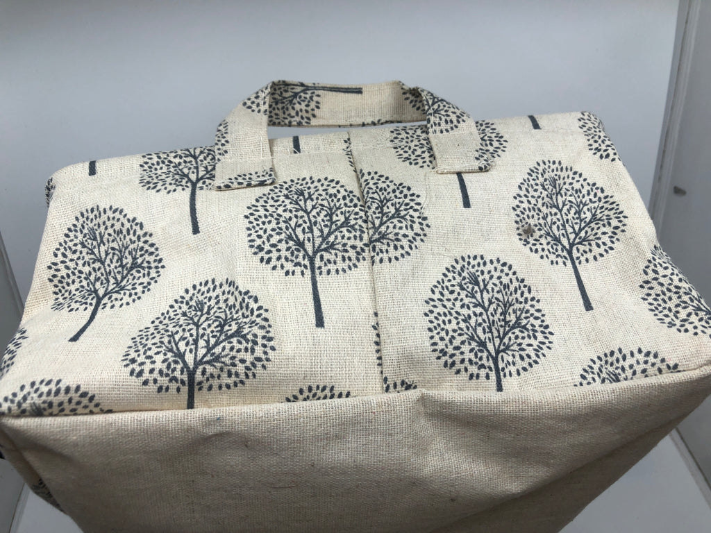 TREE PRINT FABRIC STORAGE BIN W/HANDLES.