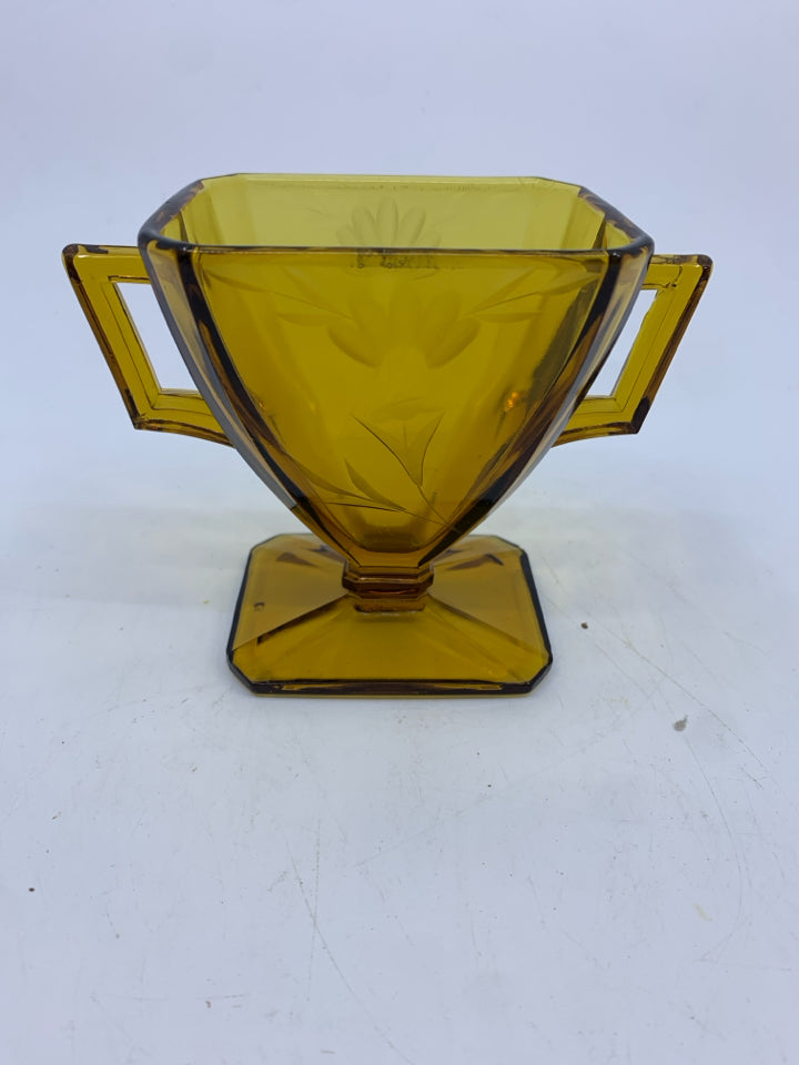 VTG AMBER GLASS ETCHED SUGAR AND CRAEMER.