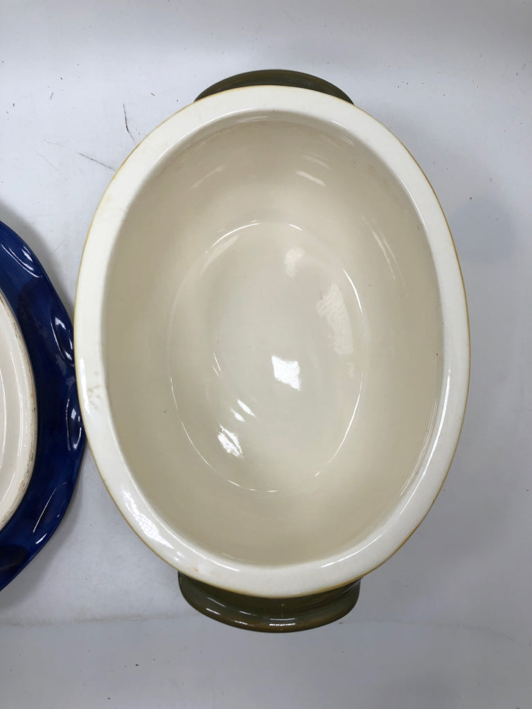 YELLOW STONEWARE BEAN POT W/BLUE RUFFLE EDGE.