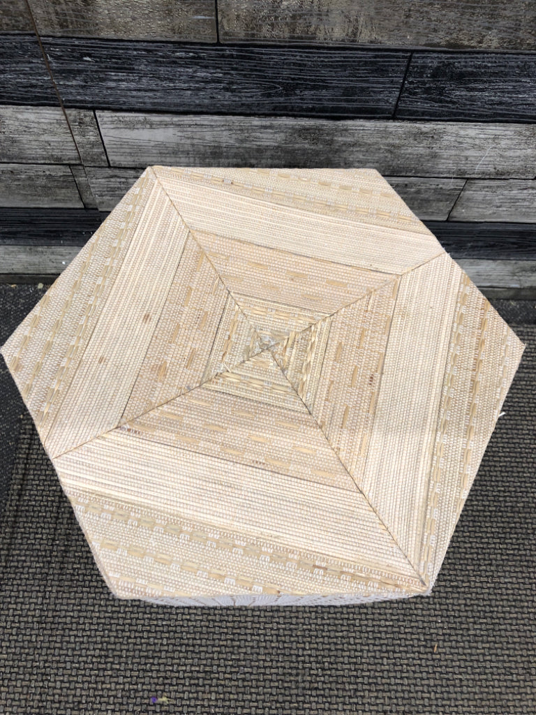 HEXAGONAL WOVEN TEXTURED ACCENT TABLE W/ STORAGE.