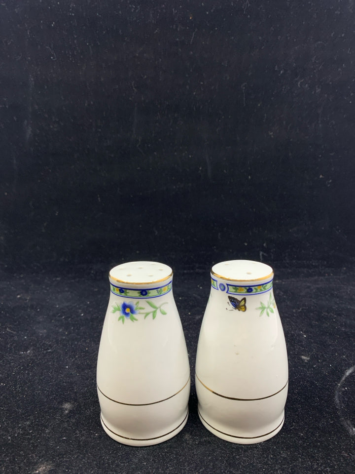 BLUE FLORAL W BUTTERFLIES SALT AND PEPPER SHAKERS.