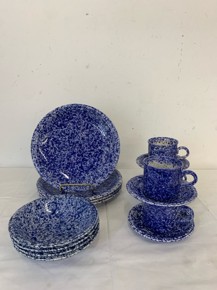 16 PC BLUE SPONGED DISH SET - 4 CUPS, 4 PLATES, 4 SAUCERS, 4 BOWLS.