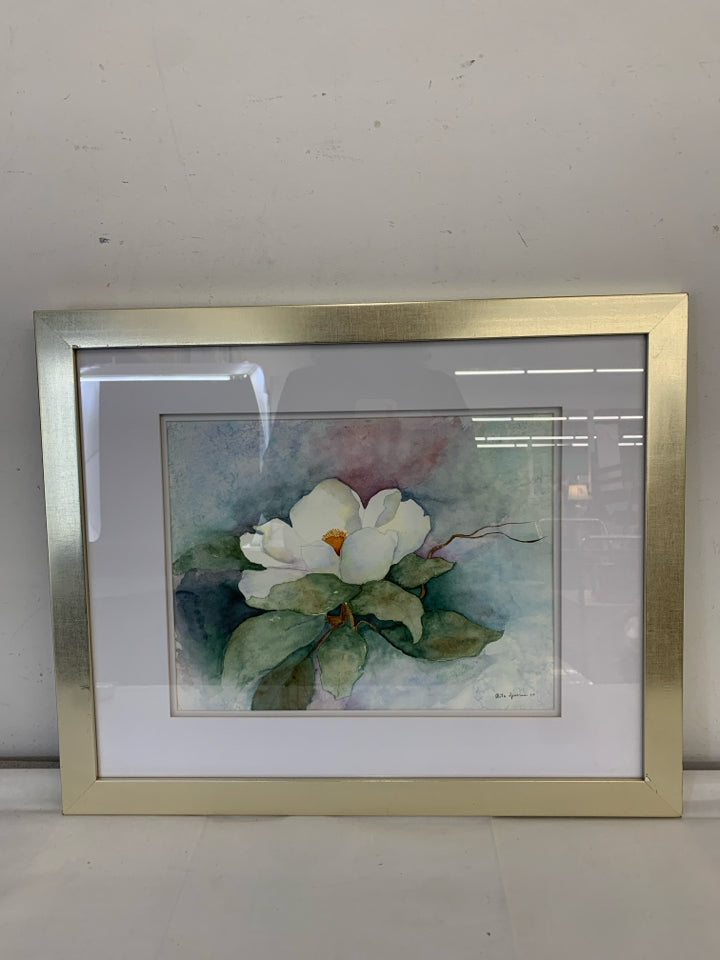 WHITE MAGNOLIA FLOWER WATER COLOR FRAMED PRINT.