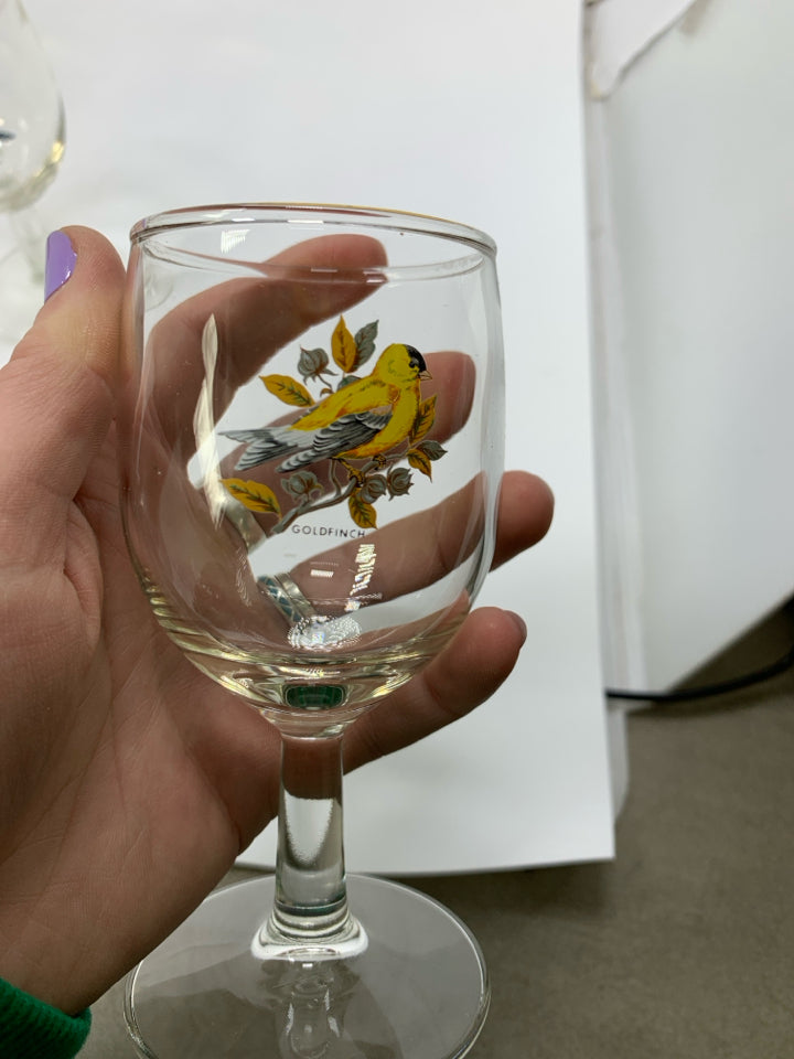 6 SMALL CORDIAL GLASSES W/ PRINTED NEW ENGLAND BIRDS.