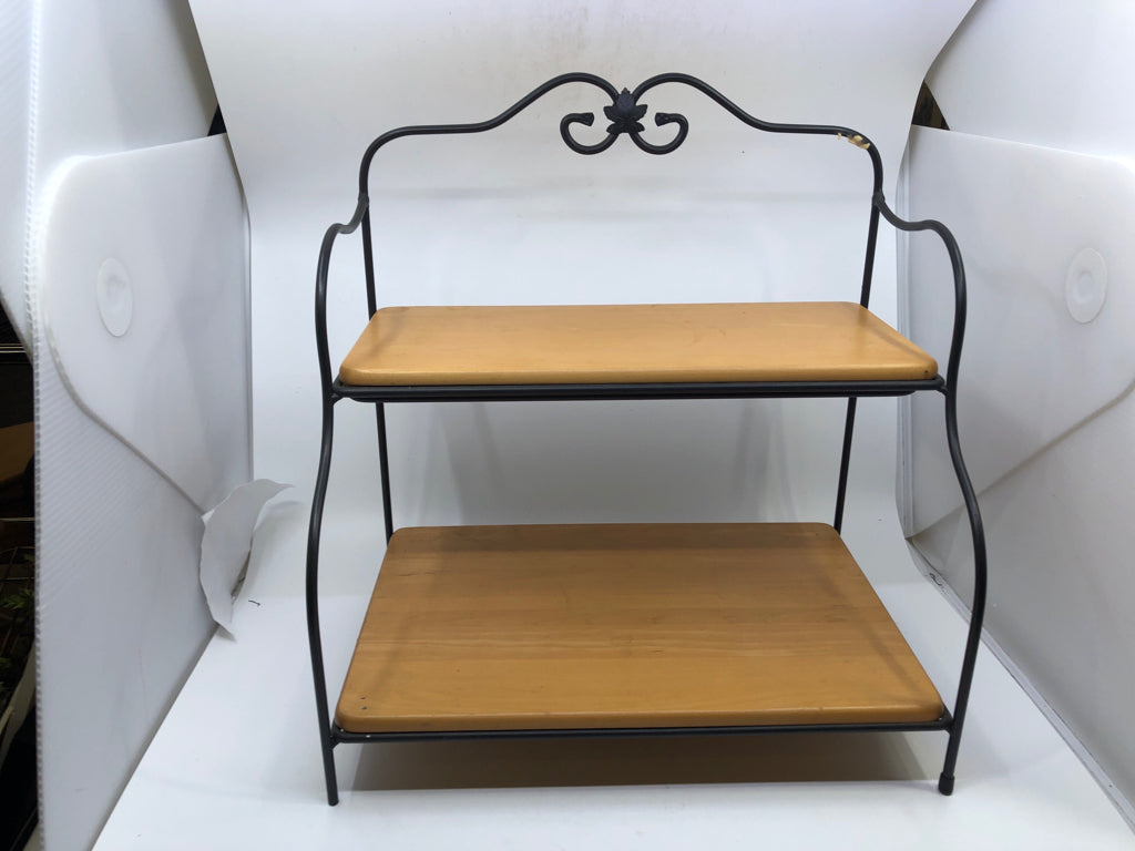 1999 WROUGHT IRON DESK TOP ORGANIZER, DIVIDED BASKET + LID, 2 WOOD SHELVES.