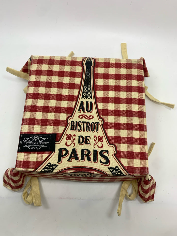 RED PLAID FABRIC PARIS NAPKIN BASKET.