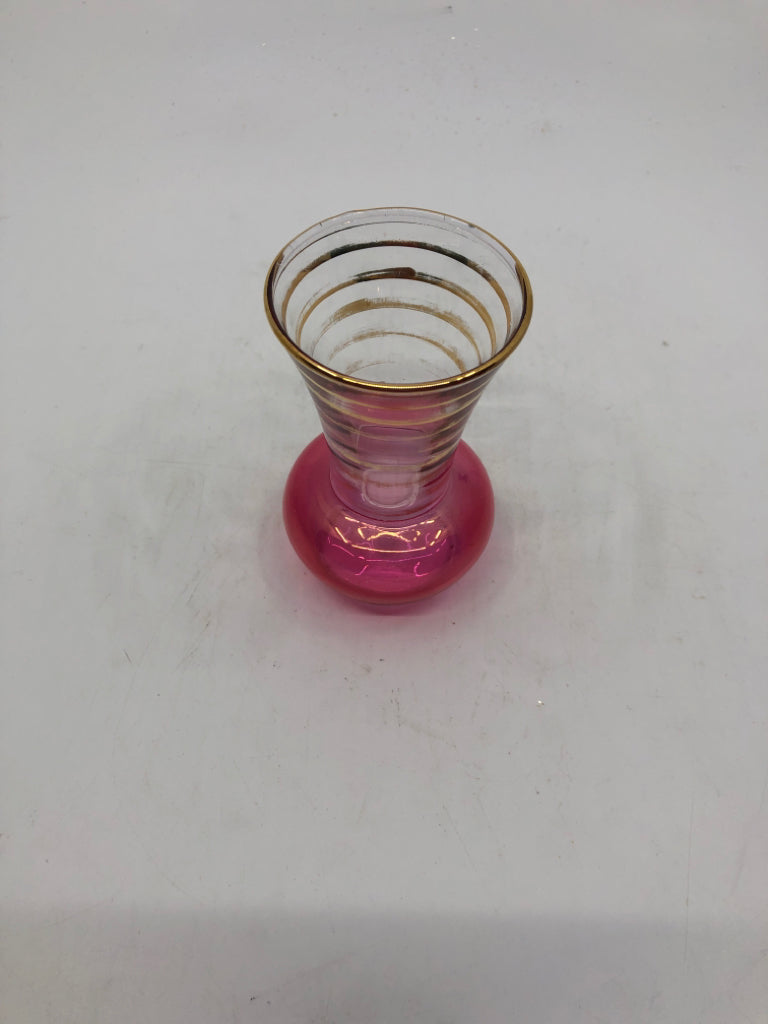 VTG SMALL CRANBERRY GLASS VASE W GOLD ACCENT STRIPES.