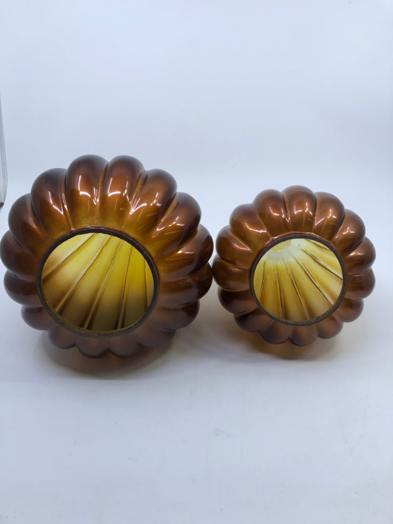2 AMBER/YELLOW GLASS PUMPKINS W/ WHITE STEM.