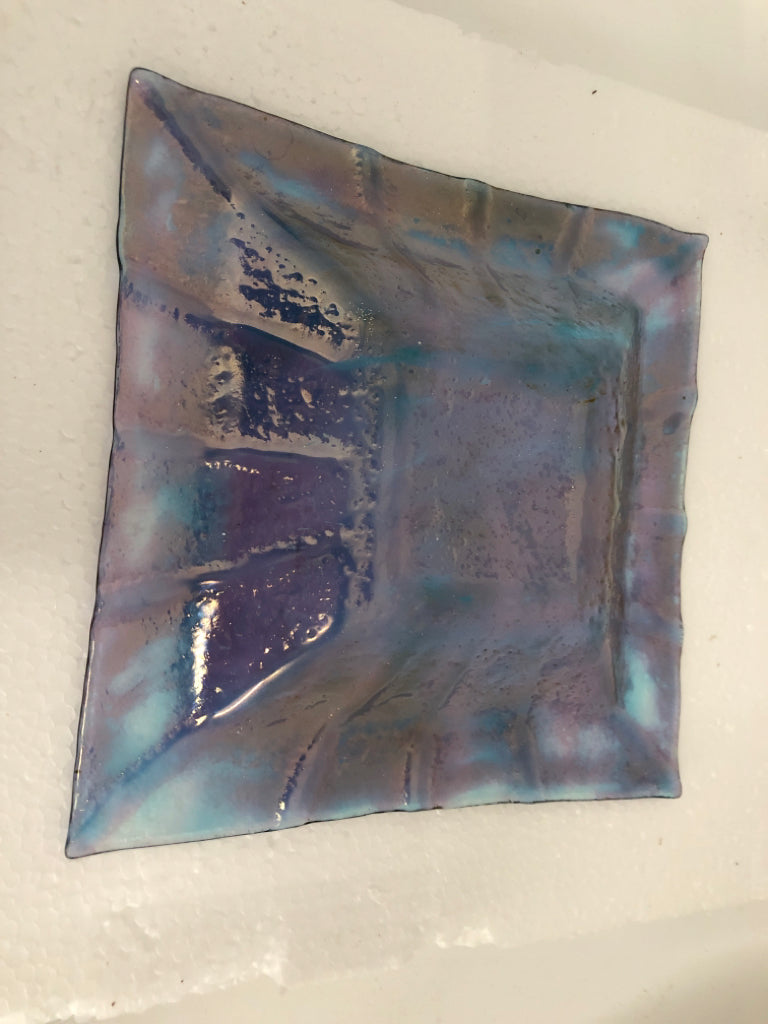 RAINBOW IRIDESCENT GLASS SQUARE PLATE.