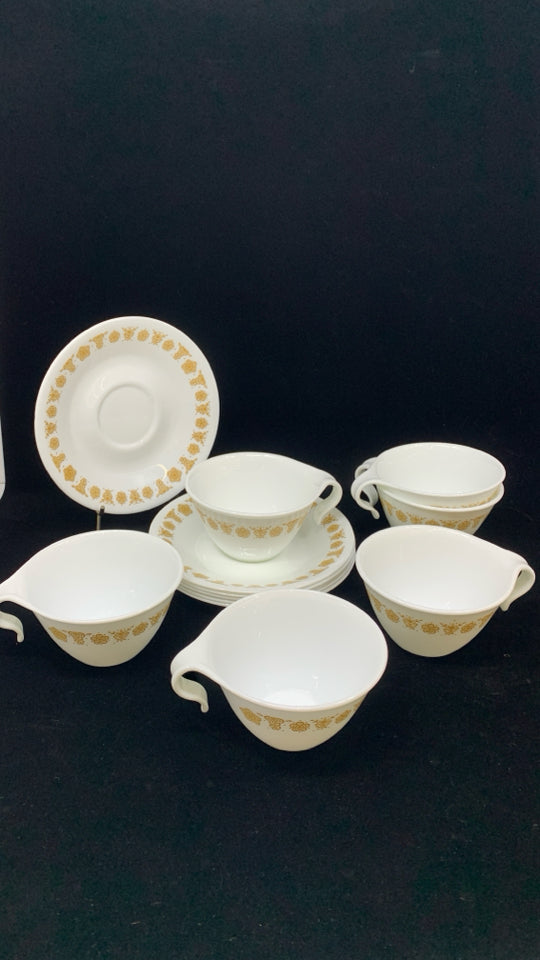 12 PC SVC 6 CORELLE BUTTERFLY GOLD HOOK HANDLE TEACUPS /SAUCERS.