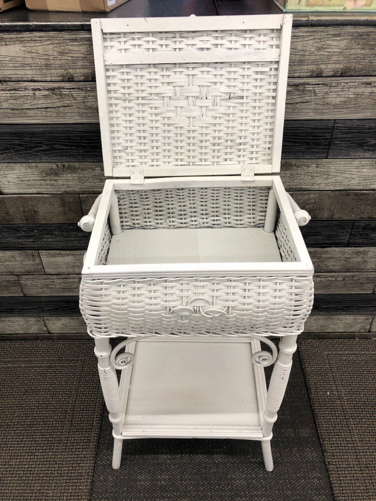 WHITE PAINTED WICKER SEWING BASKET 2 TIER W/ HANDLE.