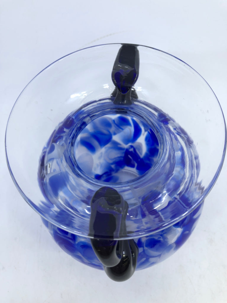 BLOWN GLASS BLUE/WHITE DOTTED VASE W/ HANDLES.