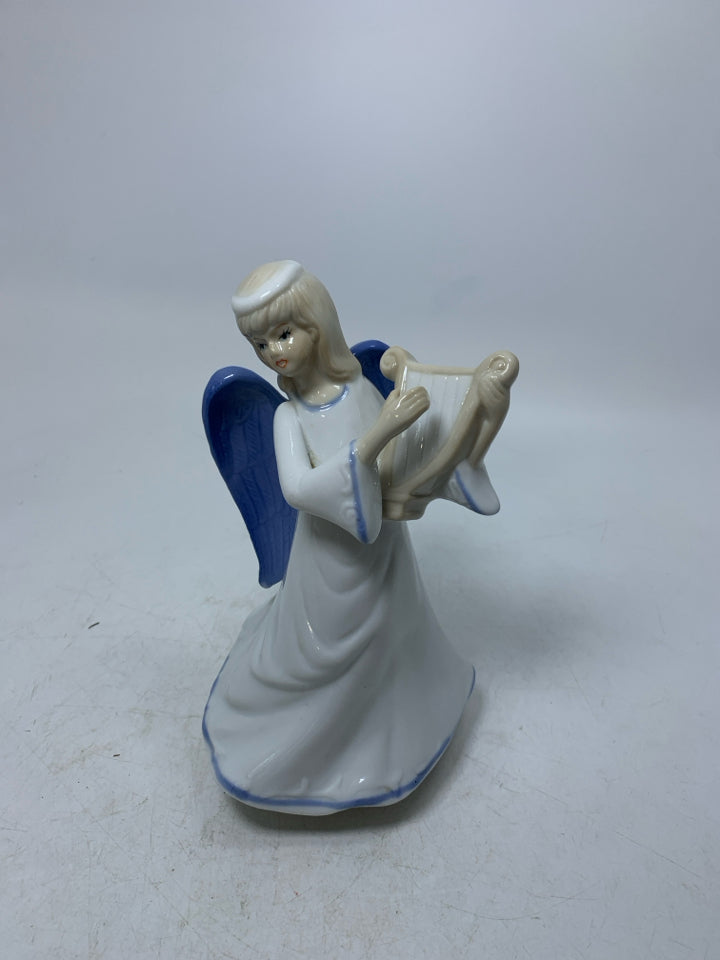 ANGEL PLAYING HARP MUSIC BOX BLUE WINGS.