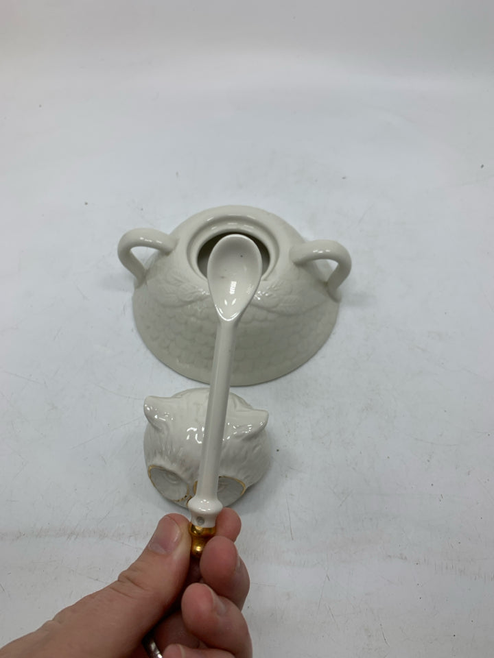 WILD MASQUERADE OWL SUGAR BOWL W/ LID & SPOON FLORENCE BALDUCCI.