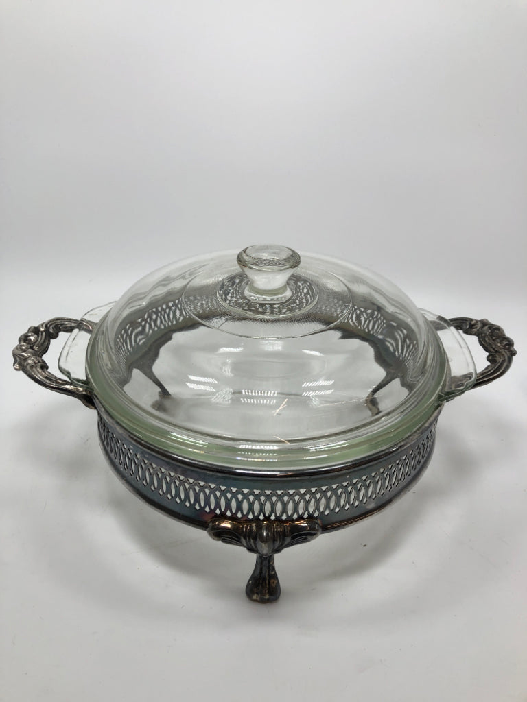 VTG COVERED CASSEROLE DISH W/METAL STAND.