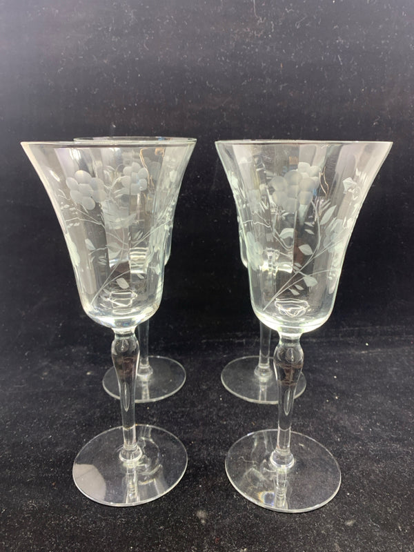 4 FLORAL ETCHED WINE GLASSES.