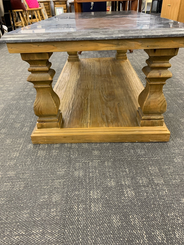 BLUESTONE TOP COFFEE TABLE W/WOOD BASE.